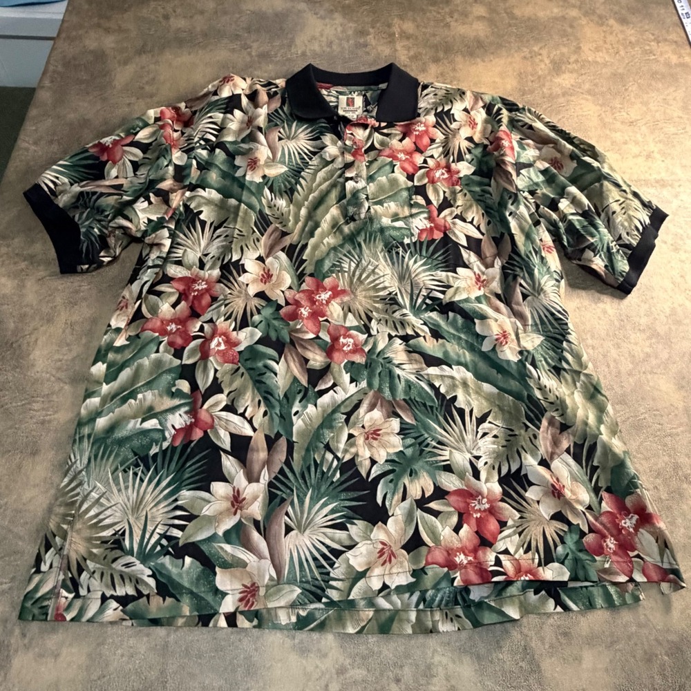 Tori Richard Polo Shirt Mens 2XL Green Tropical Floral Lawn VTG USA Hawaii Made